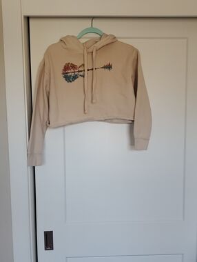 Beige Cropped Hoodie with Guitar Landscape Graphic - Women's Sweatshirt